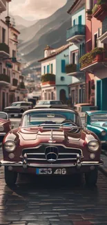 Vintage car cruising through a vibrant Mediterranean street.