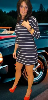 Woman in striped dress by vintage car at night.