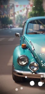 Vintage teal car on a lively street with decorations.