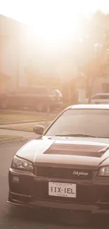 Vintage car in sunlight on a quiet street, creating a serene and nostalgic vibe.