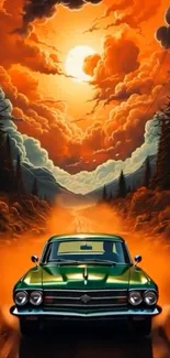 A vintage car drives through a surreal, vibrant sunset landscape.