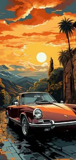 Vintage car with sunset in tropical background wallpaper.