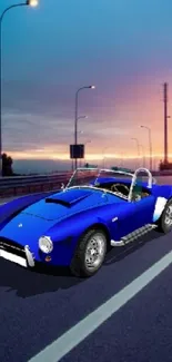 Vintage blue car driving into sunset on open highway mobile wallpaper.