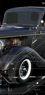 Vintage car with tech design on a sleek black background.