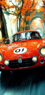 A vintage red car speeds through an autumn forest road, showcasing vibrant fall colors.