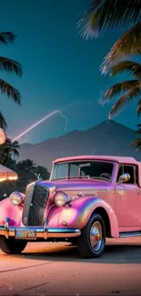 Vintage pink car under tropical sunset with palm trees.