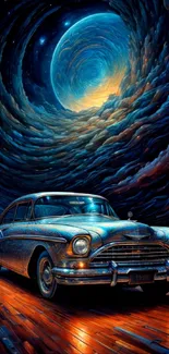 Vintage car under a swirling cosmic sky with vibrant colors.