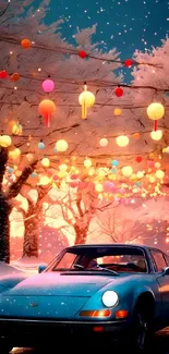 Vintage blue car under colorful lanterns in a snowy evening setting.