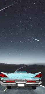 Vintage car on road beneath a starry night sky.