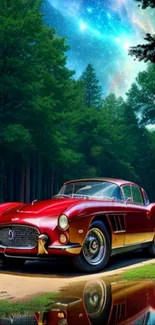 Vintage red car in a forest under a starry sky.