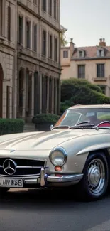 Vintage car in an elegant urban setting with historic buildings.