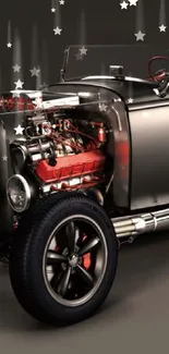 Vintage hot rod car with dark body and red accents.