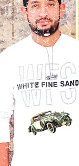 White shirt with vintage car graphic wallpaper.