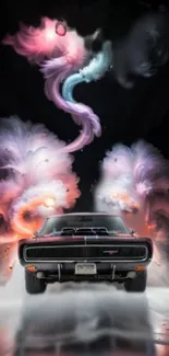 Vintage car with vibrant, abstract smoke artwork.