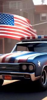 Vintage car with American flag on top