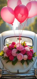 Vintage car with pink balloons and flowers in urban scene.