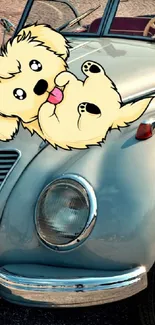 Cute cartoon puppies on a vintage car mobile wallpaper.