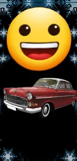 Vintage red car with happy emoji on a snowflake background.