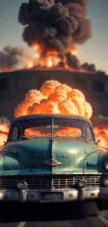 Vintage teal car with fiery explosions in dramatic mobile wallpaper.