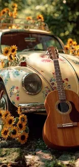 Vintage floral car with guitar and sunflowers.