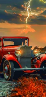 Vintage car against lightning sky backdrop.