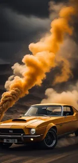 Vintage car with vibrant orange smoke on a rugged road.