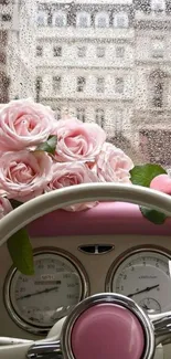 Vintage car with pink roses on dashboard in the rain.