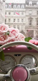 Vintage car dashboard with pink roses and city rain view.