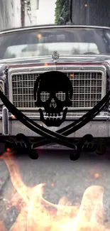 Vintage car with pirate emblem on a fiery background.