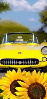 Yellow vintage car with sunflowers in a sunny setting.