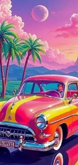 A colorful vintage car in a tropical landscape with a pink-purple sky.