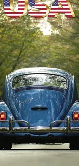 Blue vintage car on forest road with USA flag text.