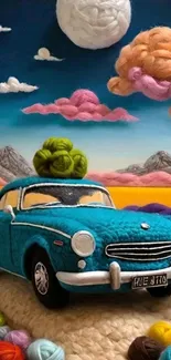 A vintage car made of yarn against a colorful sky backdrop.