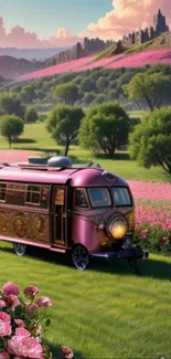 Vintage pink caravan in a field of vibrant flowers and lush greenery, scenic backdrop.