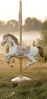 Vintage carousel horse in grassy field.