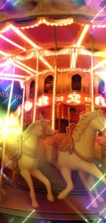 Illuminated vintage carousel ride at night with glowing horses.