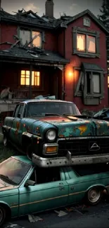 Vintage cars stacked by an abandoned house at dusk.