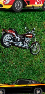 Vintage cars and motorcycle on green grass background.