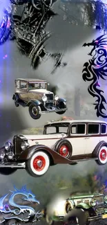 Vintage cars with dragon art accents in a creative wallpaper.