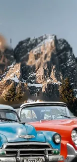 Vintage cars with a mountain backdrop wallpaper.