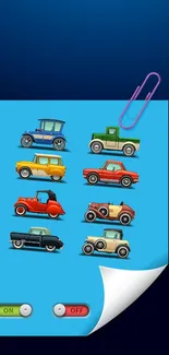 Colorful vintage cars on blue paper, mobile wallpaper.