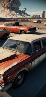 Vintage cars in an apocalyptic landscape with dramatic clouds and skyline.