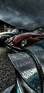 Close-up of vintage cars covered in raindrops under a cloudy sky.