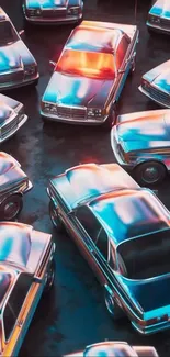 Vibrant wallpaper of vintage cars with neon highlights.