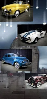 Vintage cars under a starry night sky wallpaper featuring antique vehicles.