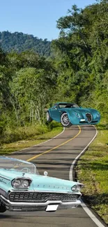 A charming vintage car on a lush forest road, blending nostalgia with nature.