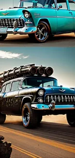 Two vintage cars racing on open road, vibrant teal and black hues.