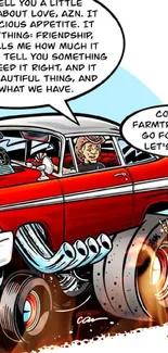 Cartoon illustration of a vintage red car with a comic dialogue bubble.