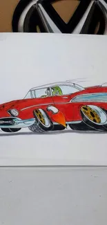 Cartoon art featuring a vintage red car with oversized wheels.