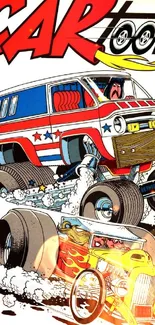 Vintage cartoon cars with monster trucks and hot rods racing.